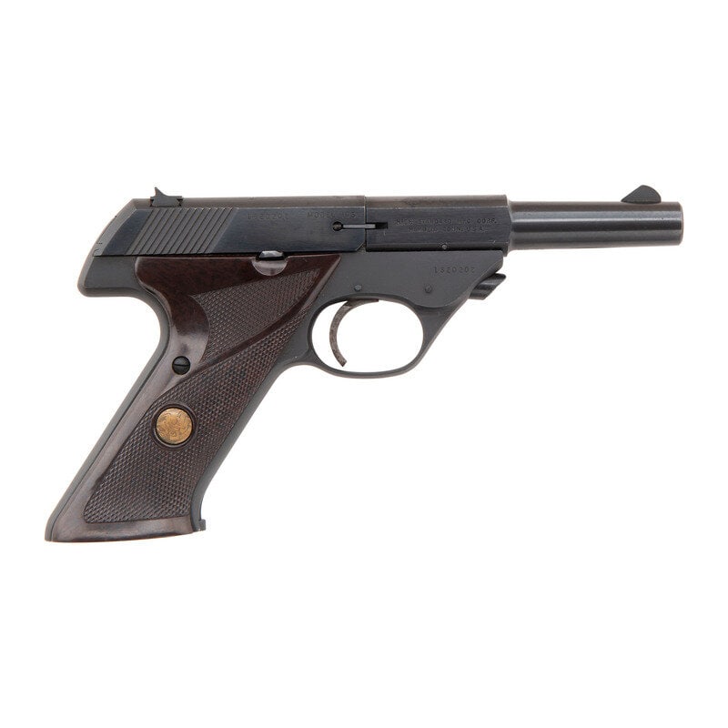 **Hi-Standard Sport King Model 103: **Hi-Standard Sport King Model 103 .22 LR. 4.5" barrel length. SN: 1620202. Brushed blued metal finish with matte blued frame mounting multicolor HI-STANDARD medallion synthetic grips. Simple blowback
