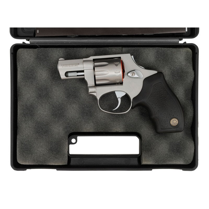 *Taurus Model 17 Mach 2 in Box: *Taurus Model 17 Mach 2 in Box .17 HM2. 1.875" barrel length. SN: YD70038. Matte stainless steel finish overall mounting pebble texture black synthetic Taurus medallion grips. DAO nine-shot hand-eject