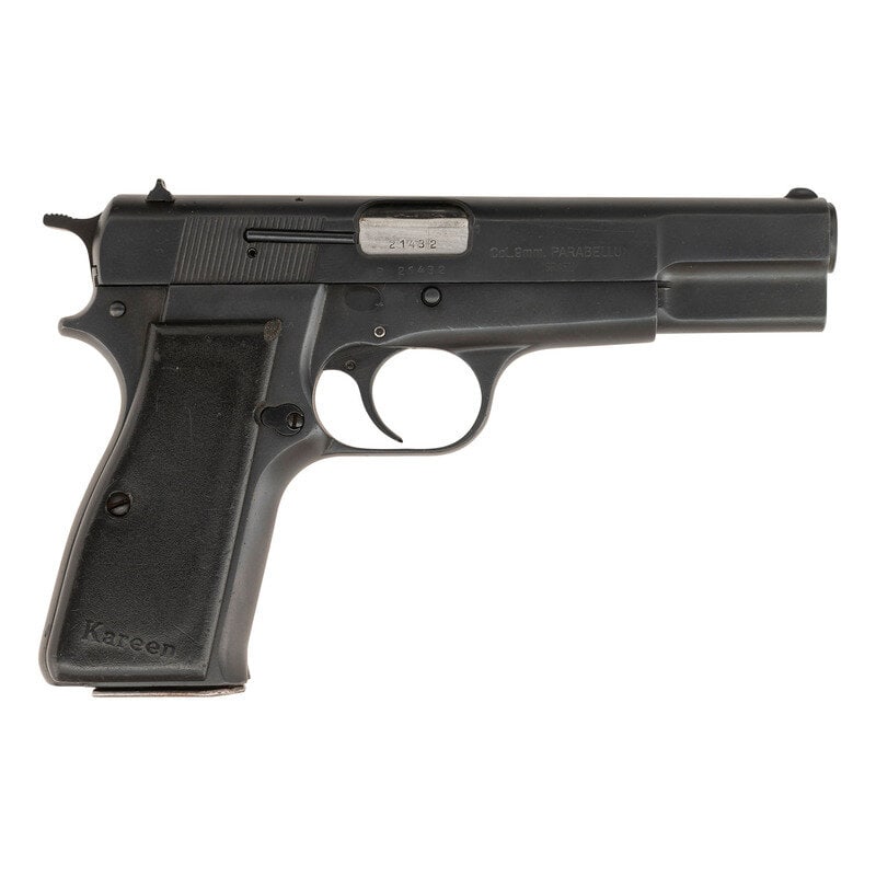 *J.C. Israel Arms Kareen Hi-Power Mark I: *J.C. Israel Arms Kareen Hi-Power Mark I 9mm Para. 4.7" barrel length. SN: B21432. Blued metal refinish overall with polished barrel mounting black synthetic grip panels with Kareen molded into the bu