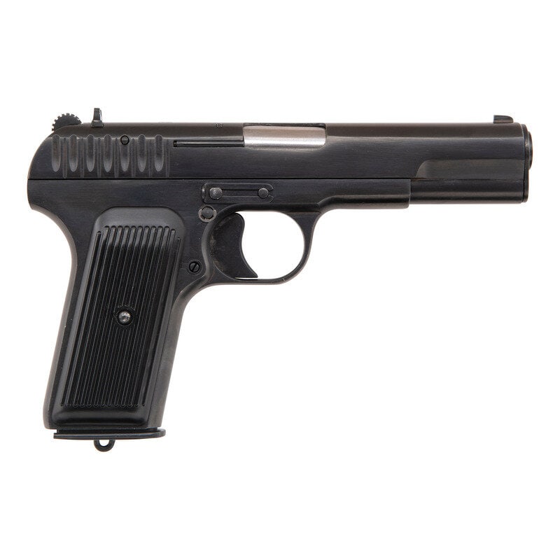 *Polish WZ.33 Tokarev Pistol: *Polish WZ.33 Tokarev Pistol 7.62x25mm. 4.6" barrel length. SN: B1423. Blued metal refinish overall with polished barrel mounting black synthetic thumb rest grips. Short recoil operated single-action 