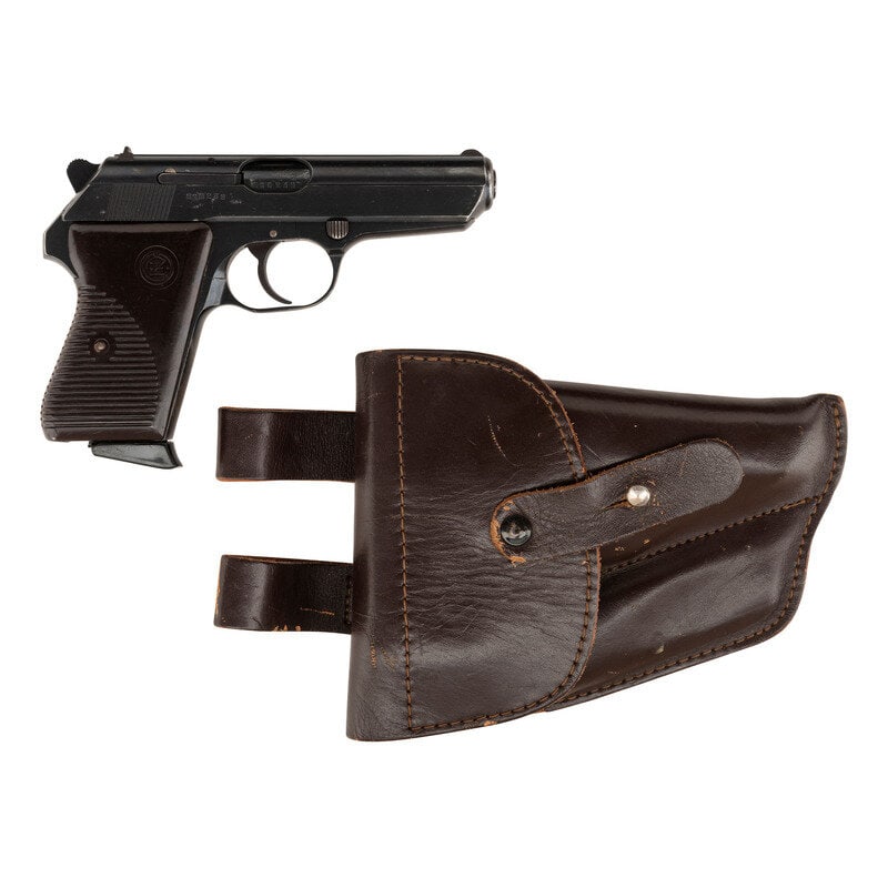 *CZ 70 .32 ACP Pistol with Holster: *CZ 70 .32 ACP Pistol with Holster .32 ACP. 3.78" barrel length. SN: 696238. Blued metal finish overall mounting two-piece Bakelite grips and mounting standard low-profile sights. Simple blowback oper