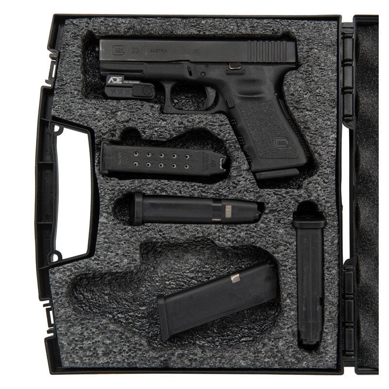 *Glock 23 Gen 3 with Five Magazines in Box: *Glock 23 Gen 3 with Five Magazines in Box .40 S&W. 4.02" barrel length. SN: 1ESC805US. Black phosphate Gen3 finish with black synthetic frame featuring finger grooves and accessory rail. Short re