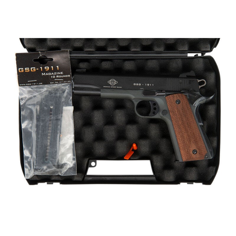 *GSG 1911 .22 with Threaded Muzzle in Box: *GSG 1911 .22 with Threaded Muzzle in Box .22 LR. 5" barrel length. SN: A366174. OD Green Parkerized finish to the frame with the remaining parts showing a black finish, satin stainless skeletonized C