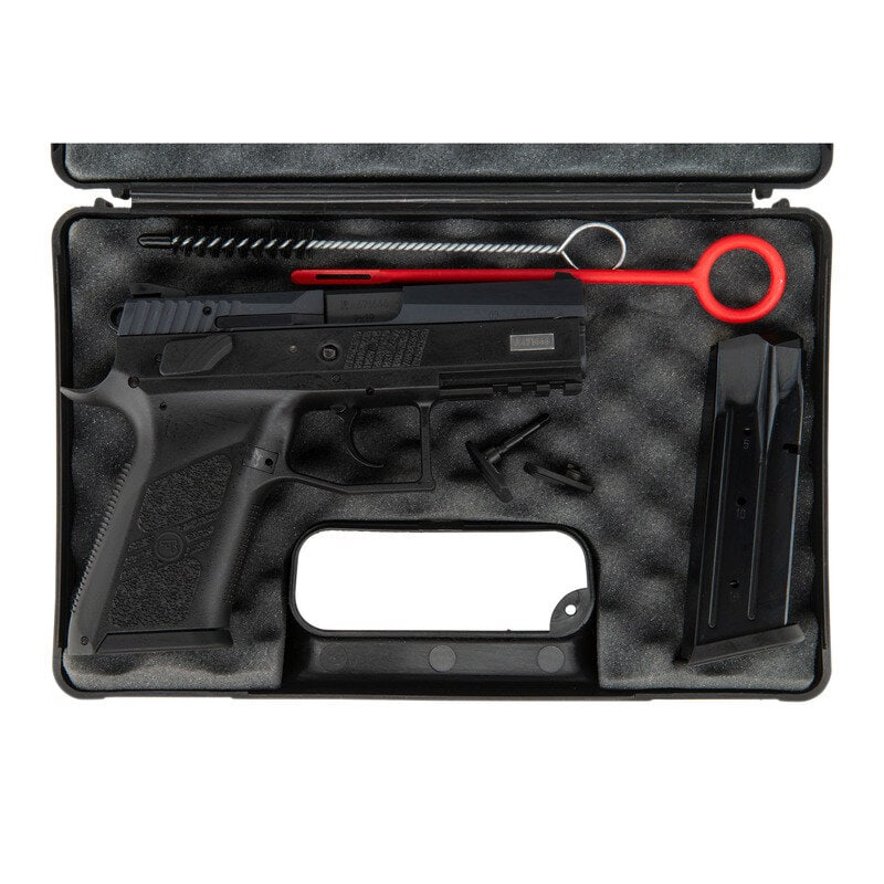 *CZ 75 P-07 Duty in Box: *CZ 75 P-07 Duty in Box 9mm Para. 3.8" barrel length. SN: A671666. Black Nitron finish set in a black synthetic frame with accessory rail to forward frame and mounting standard fixed U-notch and front