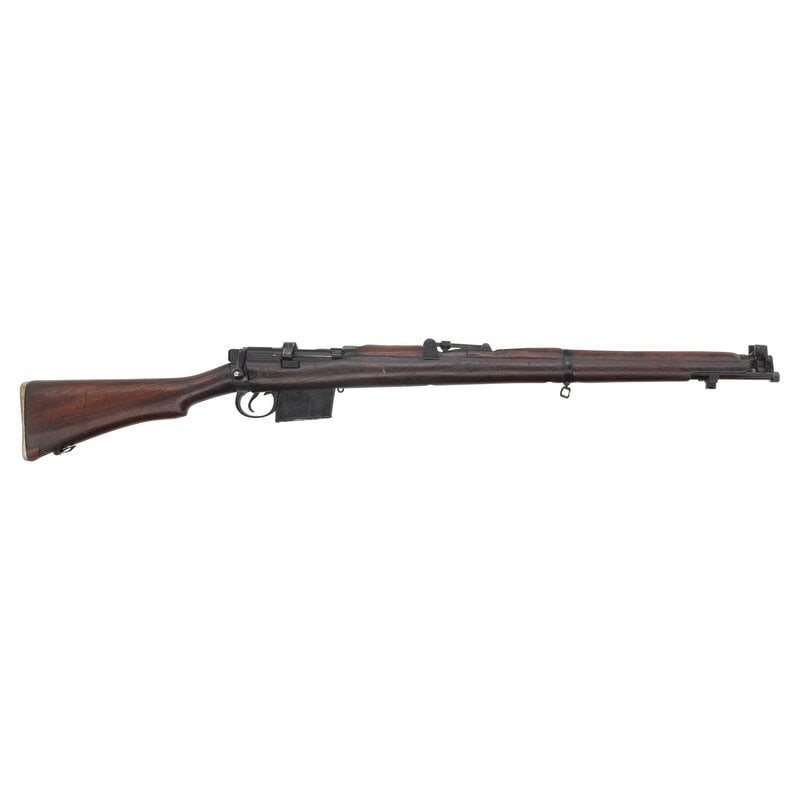 **Indian RFI Enfield 2A : **Indian RFI Enfield 2A Manufactured 1965 7.62x51mm NATO. 25" barrel length. SN: A33545. Black paint metal finish. Walnut stock has a plain semi pistol grip and forearm, with handguard. Bolt action ri
