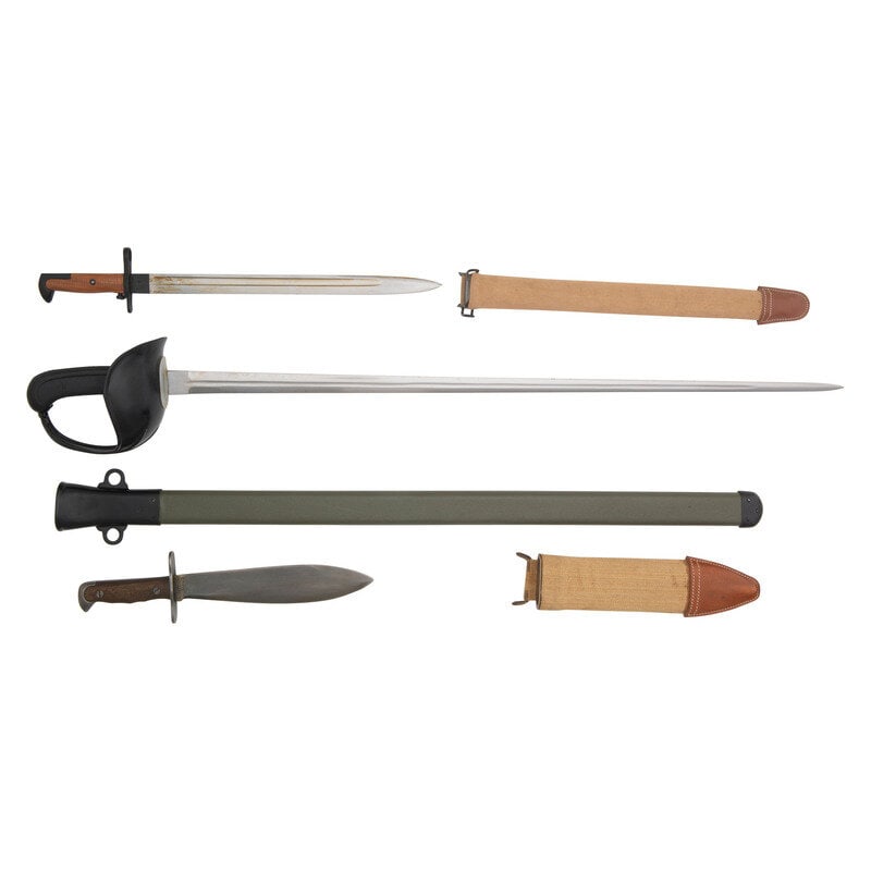 Lot of Reproduction American Edged Weapons Including: Patton Saber, 1917 Bolo, 1905 Bayonet (1 of 6)