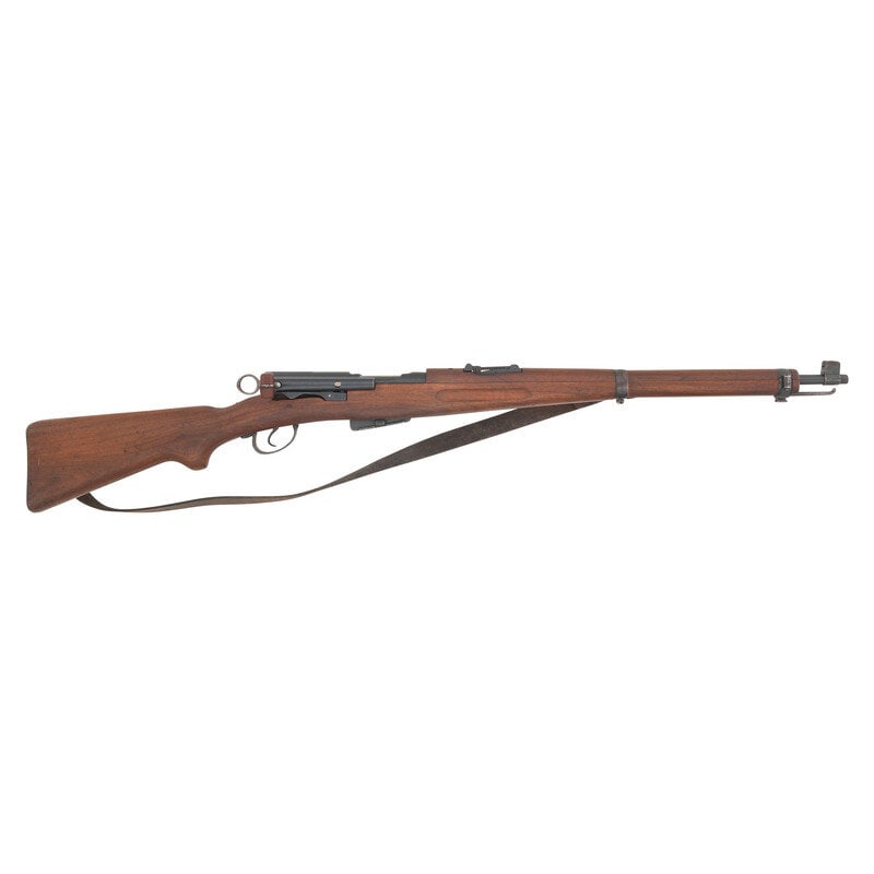 **Swiss Schmidt Rubin Model 1911 (K11) Carbine: **Swiss Schmidt Rubin Model 1911 (K11) Carbine 7.5x55mm Swiss. 23" barrel length. SN: 76889. Dull blued metal finish. Walnut stock has a plain semi pistol grip and forearm, with handguard and grasping