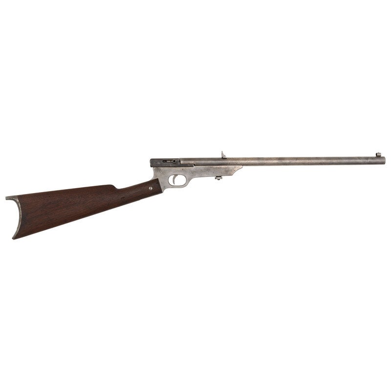 **Quackenbush Safety Rifle: **Quackenbush Safety Rifle .22 RF. 18" barrel length. SN: NSN. Nickel finish. Walnut stock has a plain straight grip and crescent butt. Single shot swivel breechloading action rifle with a two leaf no