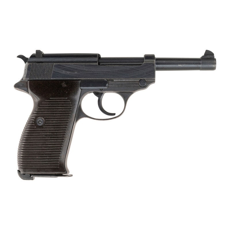 **Spreewerke P.38 cyq-Code Pistol: **Spreewerke P.38 cyq-Code Pistol 9mm Para. 4.9" barrel length. SN: 7944p. Blued metal finish overall mounting brown synthetic grips with thirty horizontal serrations per side. Short-recoil operated D