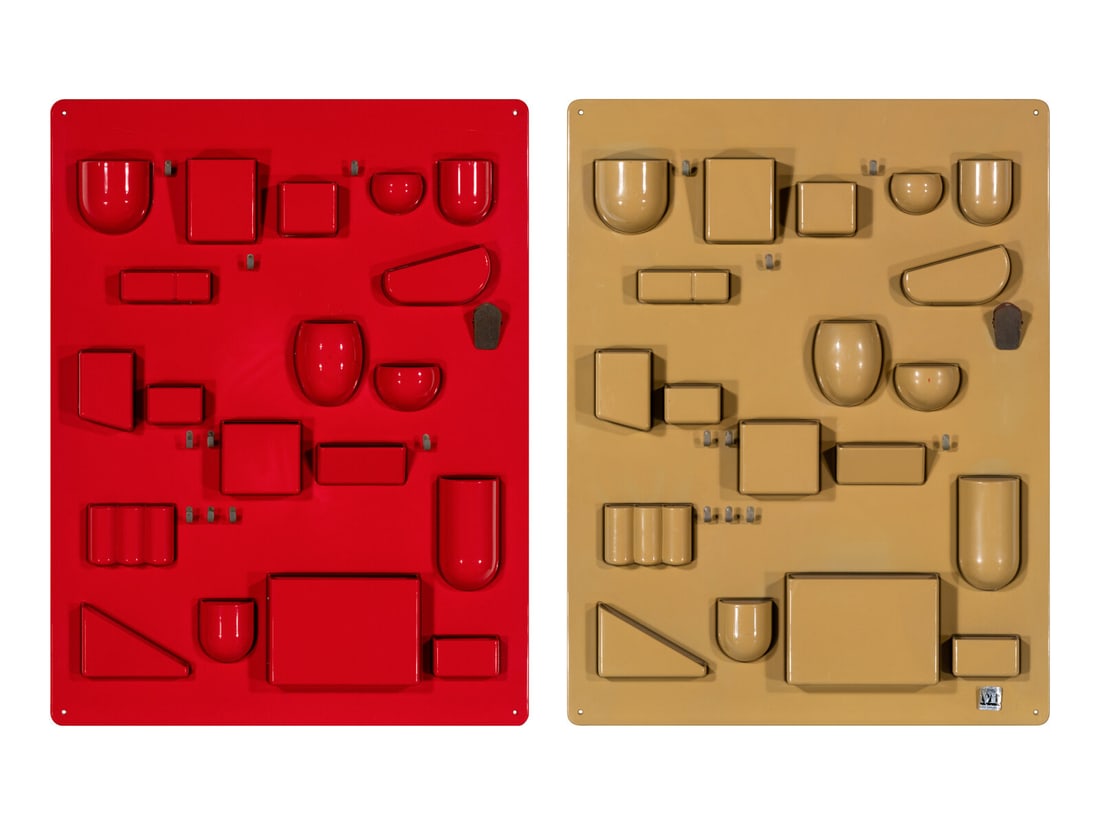 Dorothee Becker and Ingo Maurer (German, b. 1938 | 1932-2019) Pair of Large Uten Silo Wall: Dorothee Becker and Ingo Maurer (German, b. 1938 | 1932-2019) Pair of Large Uten Silo Wall Organizers Vitra, Germany molded ABS plastic, metal foil sticker Design M Ingo Maurer 34 1/4 × 26 1/2 in