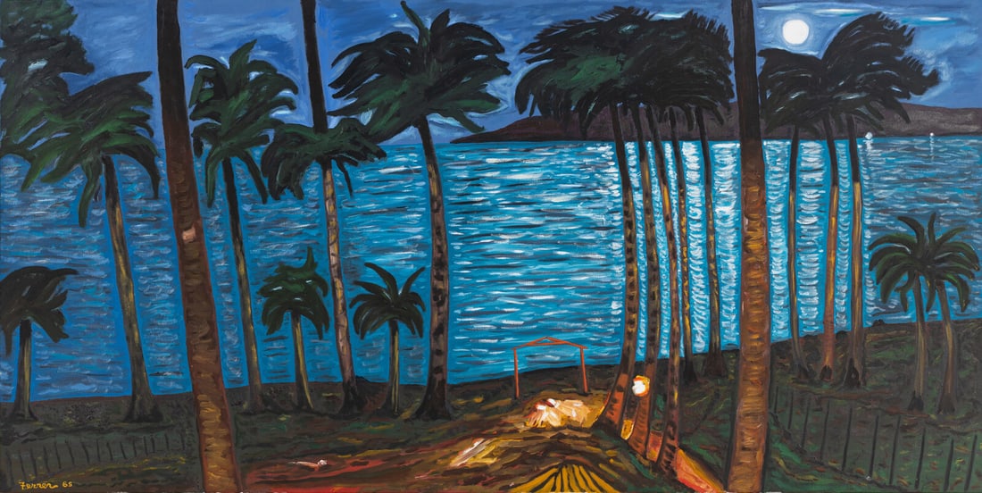 Rafael Ferrer (American, b. 1933) Luna De Marzo, 1985: Rafael Ferrer (American, b. 1933) Luna De Marzo, 1985 oil on canvas signed Ferrer and dated (lower left); signed, titled and dated (verso) 36 1/2 x 72 inches. Provenance: Nancy Hoffman Gallery, New Yo