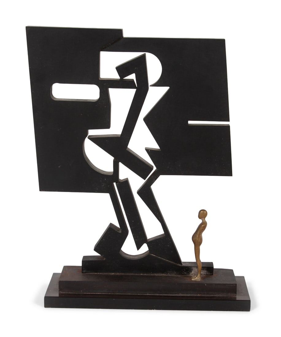 Ernest Trova (American, 1927-2009) Tristan Gox, 1977: Ernest Trova (American, 1927-2009) Tristan Gox, 1977 cold-rolled steel finished in black oxide with white bronze figure stamped E. TROVA and dated; sculptor's proof, aside from the edition of 125 11 x