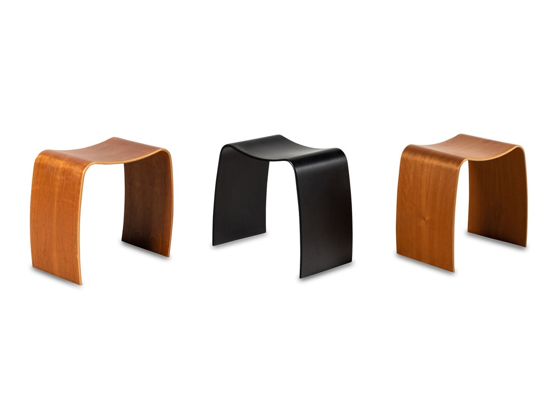 Jørgen Møller (Danish, 1930-2009) Three M Taburet Bent Plywood Stools, c. 1960 Denmark: Jørgen Møller (Danish, 1930-2009) Three M Taburet Bent Plywood Stools, c. 1960 Denmark molded plywood Askman label on underside 18 h × 18 w ×11 3/4 d inches. Property from the Coll