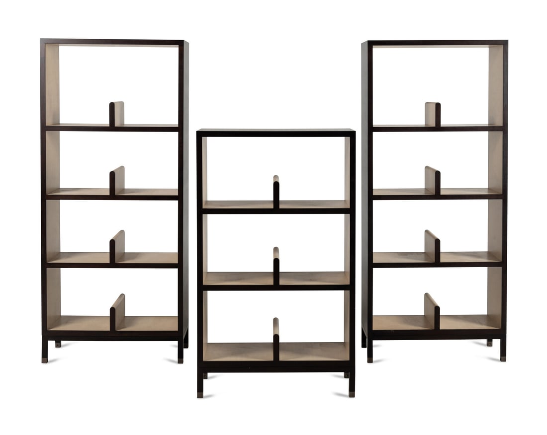 Chi Wing Lo (Chinese, b. 1954) Three Nea Bookcases, 2010 Giorgetti, Italy: Chi Wing Lo (Chinese, b. 1954) Three Nea Bookcases, 2010 Giorgetti, Italy figured and stained walnut, fiddleback sycamore Taller | 72 3/4 h × 31 1/2 w × 12 1/2 d inches. Property from the Co