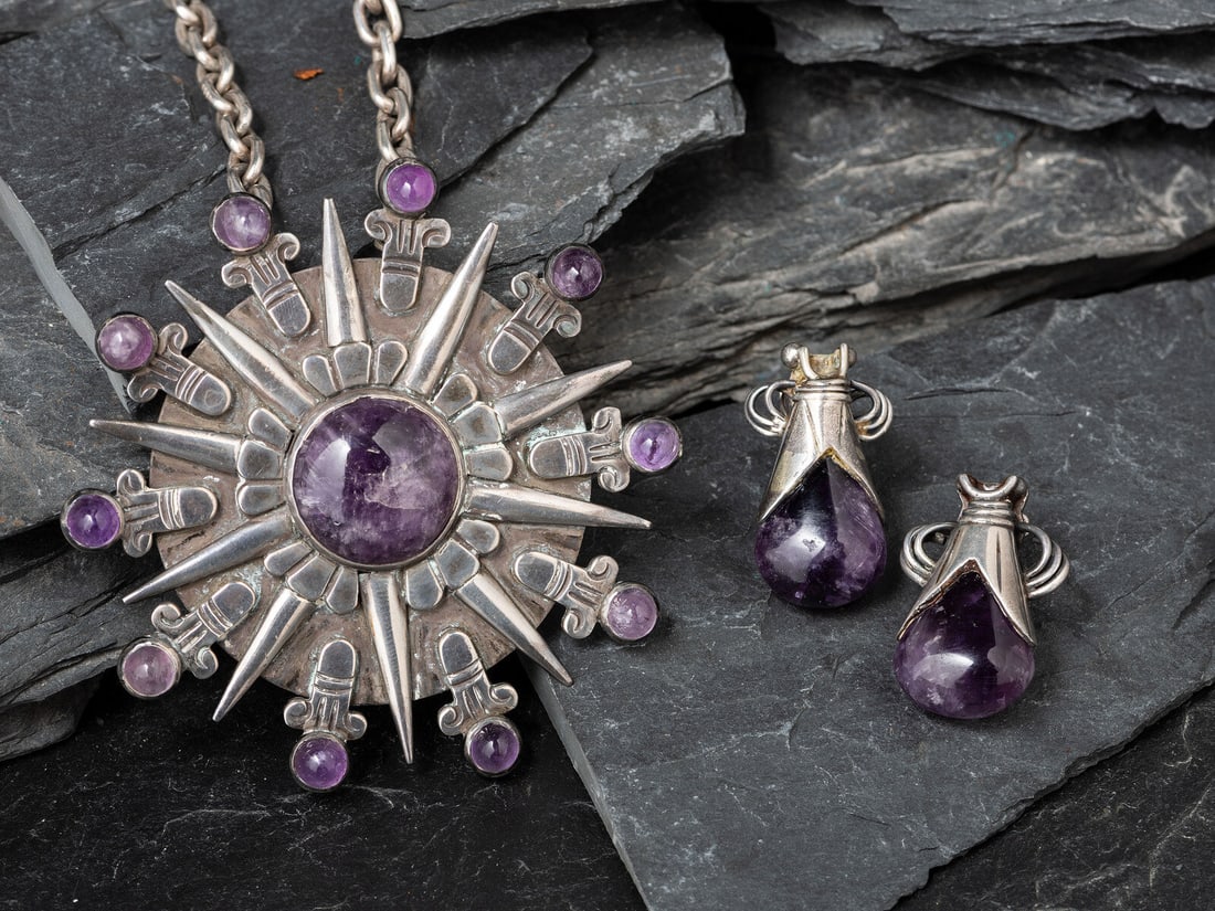 William Spratling (American-born, 1900-1967) Taxco Silver and Amethyst Matching Brooch/Pin and (1 of 3)