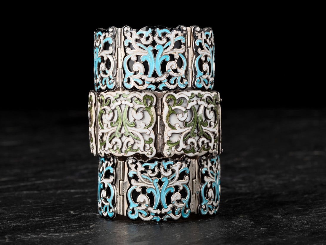 Margot de Taxco (American-born, d. 1985) Three Taxco Sterling Silver and Enamel Link: Margot de Taxco (American-born, d. 1985) Three Taxco Sterling Silver and Enamel Link Bracelets,1955-1978 lot of 3, all marked MARGOT DE TAXCO STERLING MADE IN MEXICO with Eagle 16 mark; includes: one