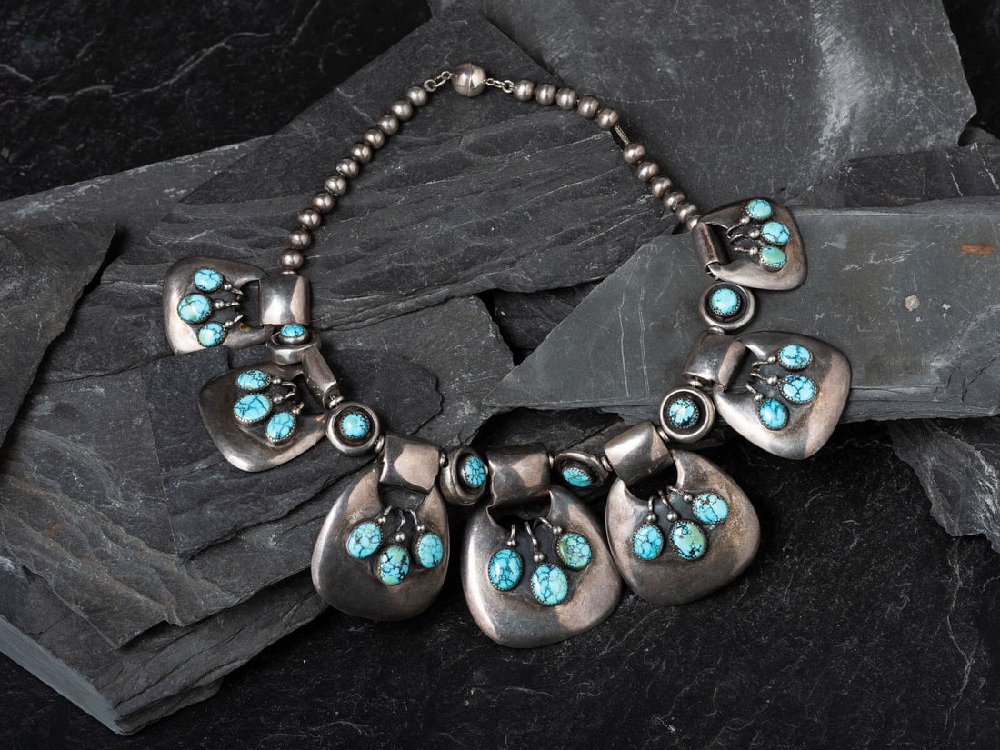 Frank Patania, Sr. (American, 1899-1964) Southwestern-style Turquoise Cluster and Sterling Silver: Frank Patania, Sr. (American, 1899-1964) Southwestern-style Turquoise Cluster and Sterling Silver Necklace marked STERLING FP along with the Thunderbird Shop hallmark length 15-1/2 inches, drop length