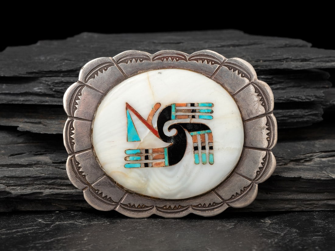 Frank Vacit, Attributed (Zuni, 1915-1999) Silver and Mosaic Inlay Belt Buckle (1 of 2)