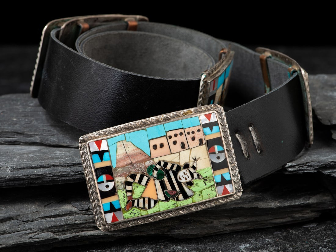 Jimmie Etsate (Zuni, act. since 1970s) Silver and Mosaic Inlay Katsina Concha Belt: Jimmie Etsate (Zuni, act. since 1970s) Silver and Mosaic Inlay Katsina Concha Belt four rectangular concha and matching buckle; signed JIMMIE ETSATE belt length 39 inches, buckle / concha length 3 inc