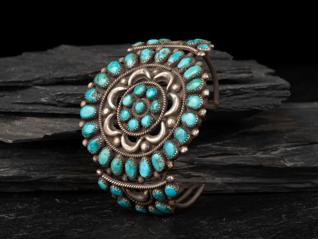 Navajo or Zuni Silver and Turquoise Cluster Cuff Bracelet (1 of 4)