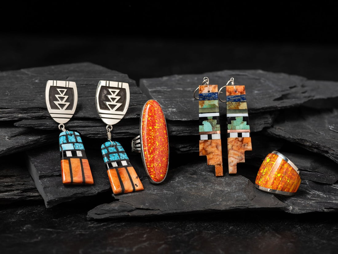 Kewa, Zuni, and Navajo Earrings and Ring (1 of 5)