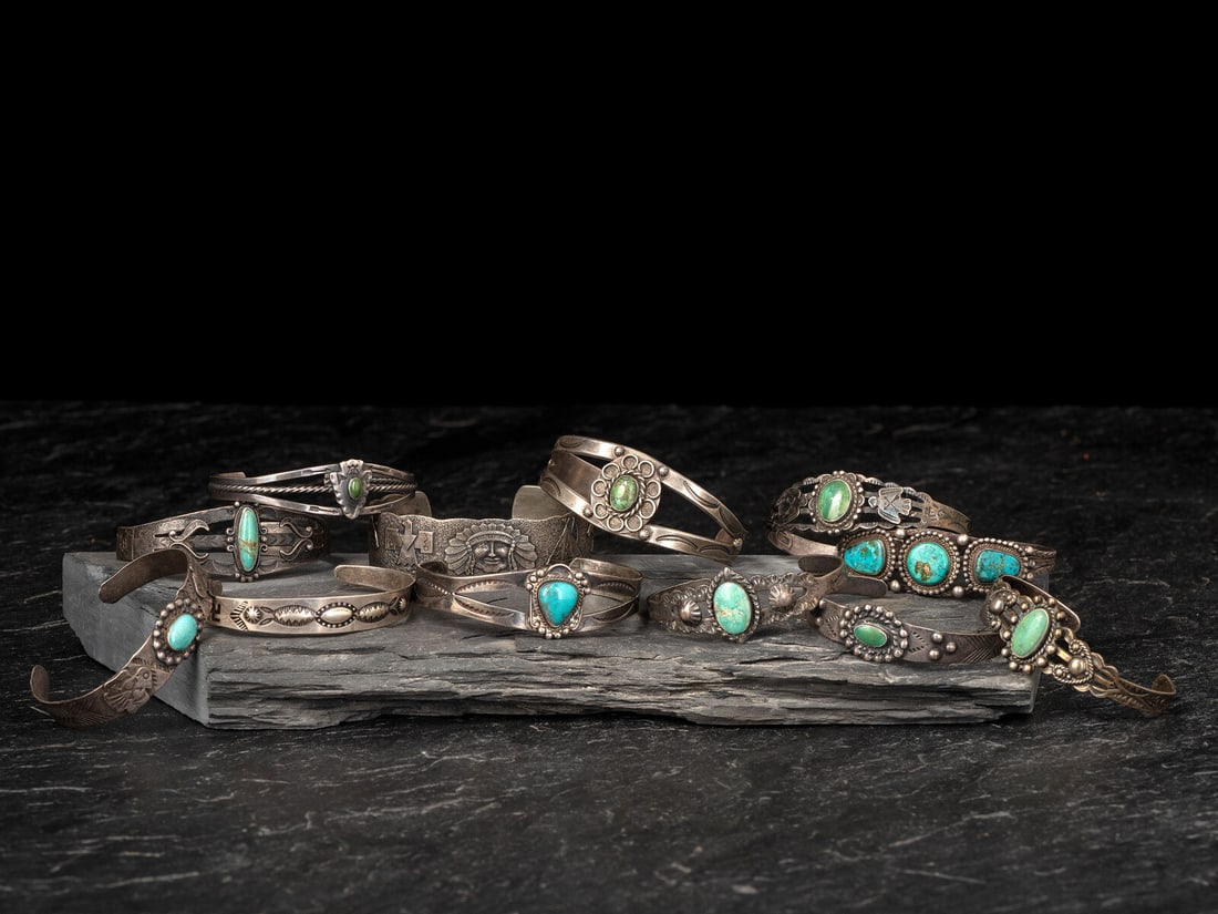 Fred Harvey Era Navajo Silver and Turquoise Cuff Bracelets: Fred Harvey Era Navajo Silver and Turquoise Cuff Bracelets second quarter - mid 20th century lot of 12, four marked STERLING, sizes range from: largest: cuff width 3/4 inch, interior circumference 6-1