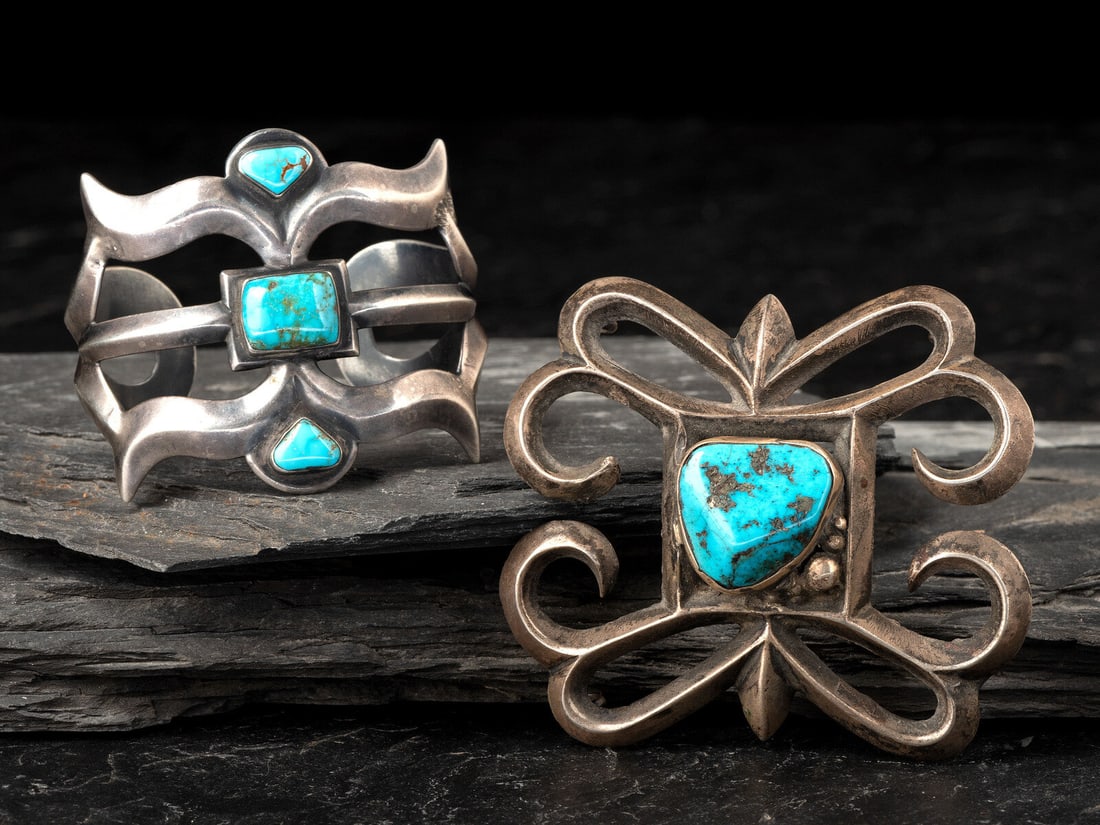 Navajo Sand Cast Silver and Turquoise Cuff Bracelet and Ketoh Concha (1 of 3)