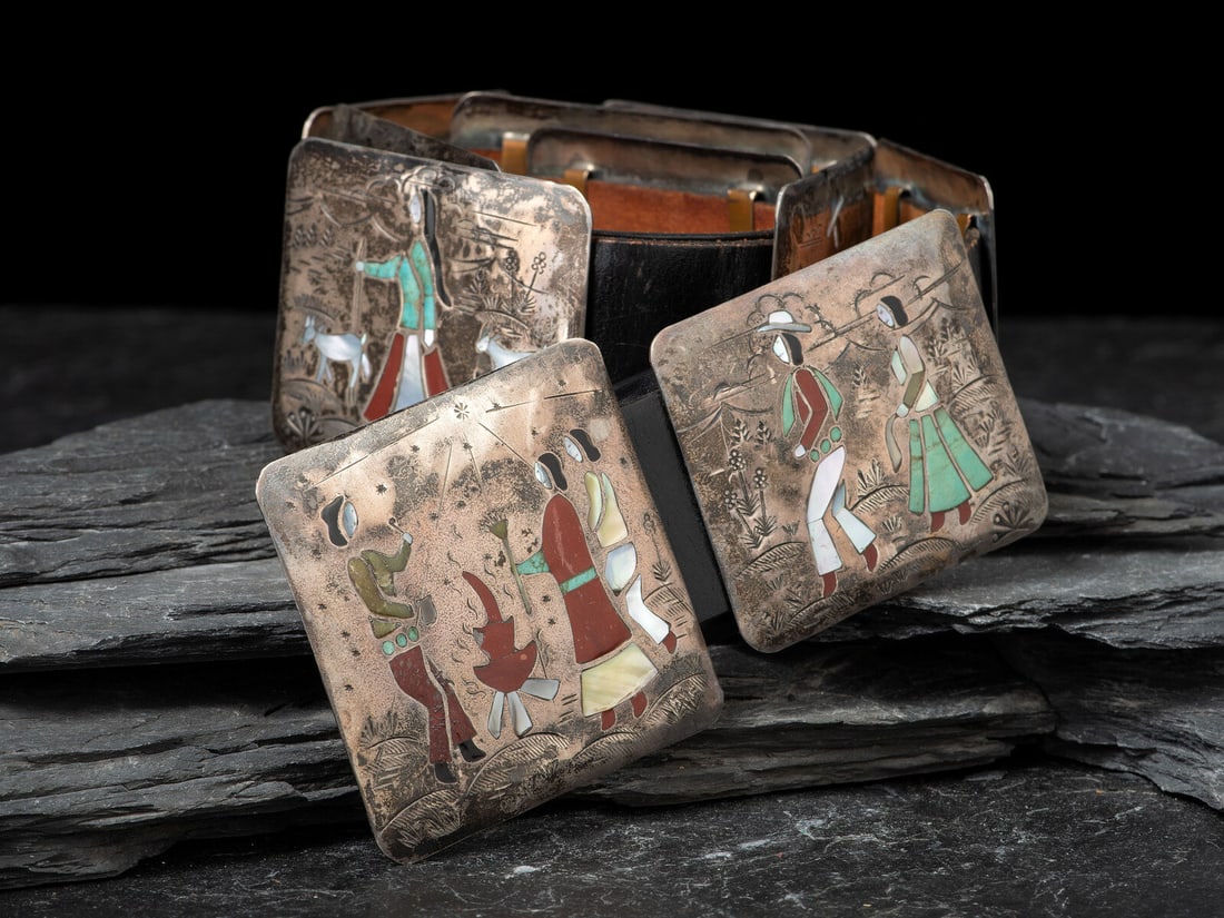 Raymond Becenti (Diné, 20th century) Silver and Channel Inlay Storyteller Concha Belt (1 of 4)