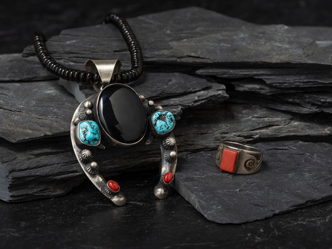 Chimney Butte (Diné, 20th/21st century) Sterling Silver Naja, PLUS: Chimney Butte (Diné, 20th/21st century) Sterling Silver Naja, PLUS lot of 3, includes: a naja set with onyx, turquoise, and coral; marked illegible on back length 3-1/8 inches x width 2-1/4 inche