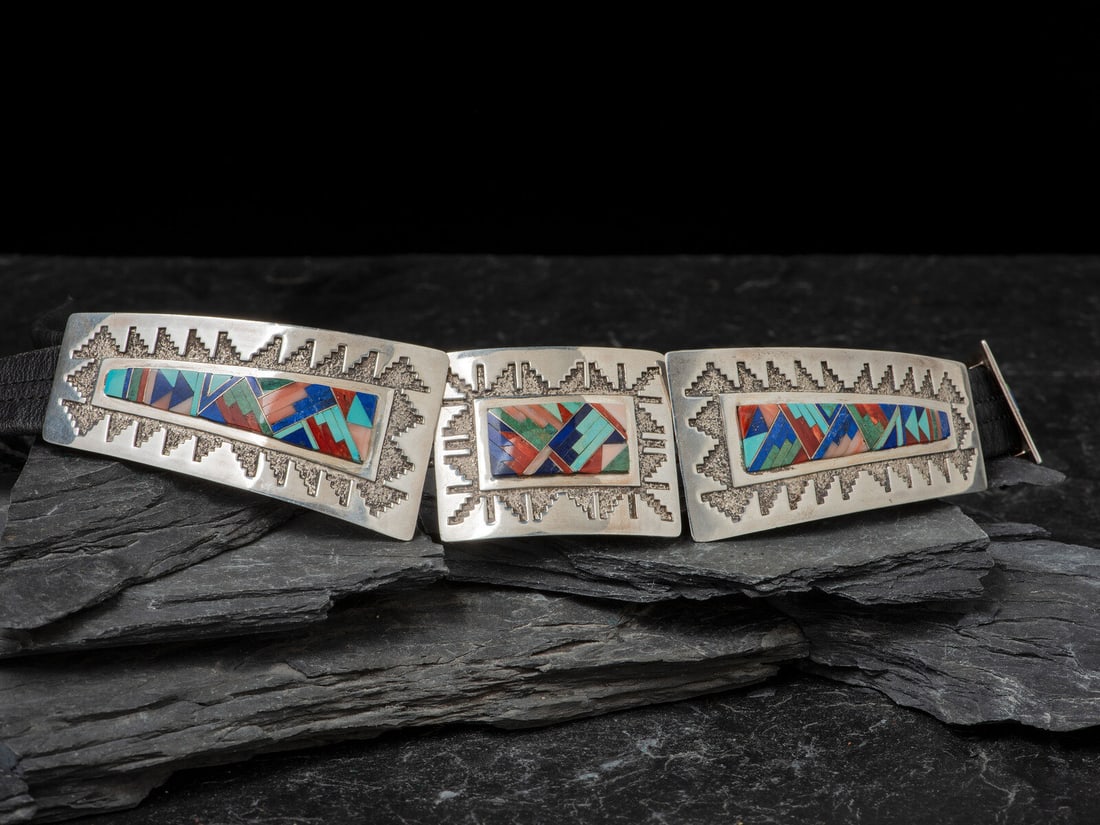 Tommy Jackson (Diné, b. 1958) Sterling Silver and Mosaic Inlay Concha Belt (1 of 4)