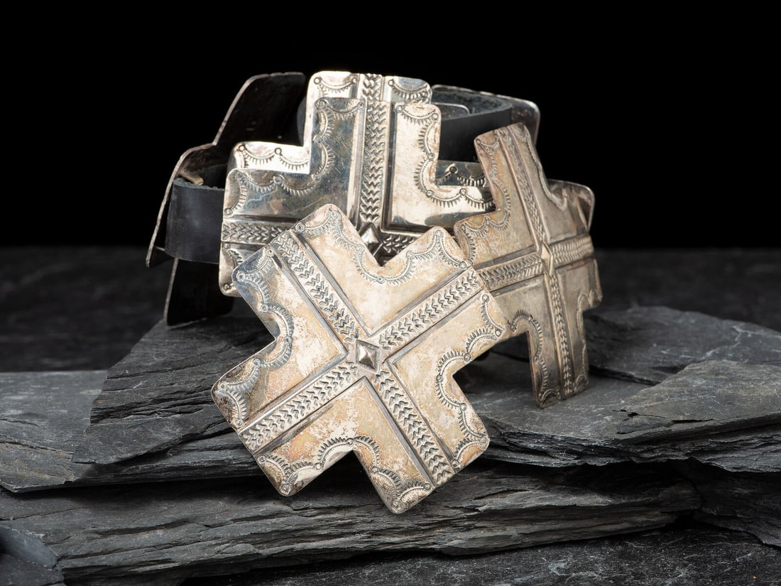 Navajo Stamped Sterling Silver Cross Concha Belt (1 of 4)