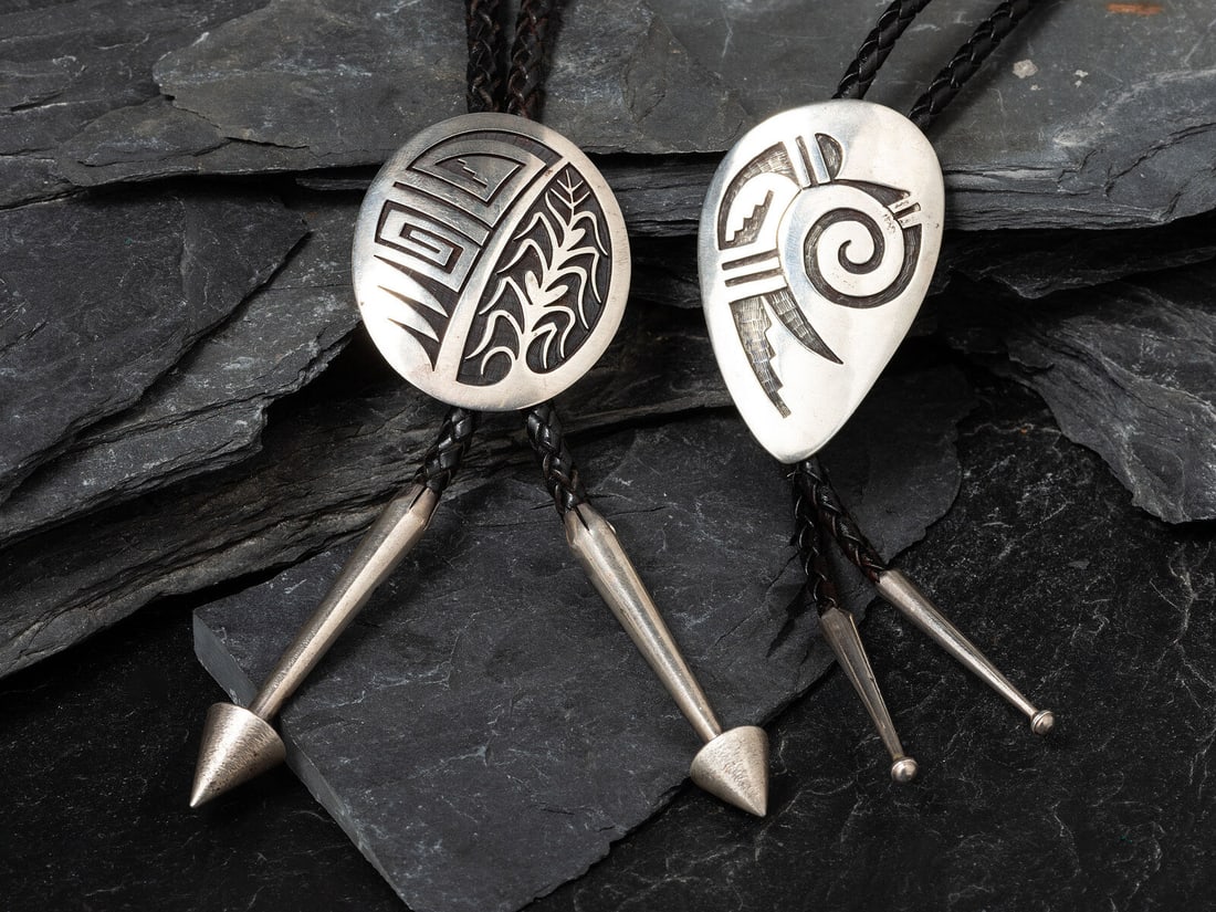 Harvey Quanimptewa, Jr. and Hubert Yowytewa (Hopi, 1956-1993 and d.1991) Silver Overlay Bolo Ties (1 of 3)