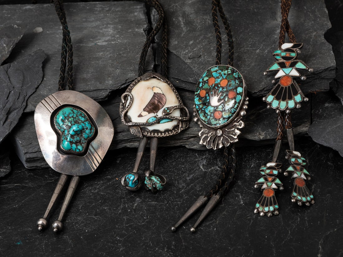 Pueblo and Navajo Silver Bolo Ties with Inlay (1 of 3)