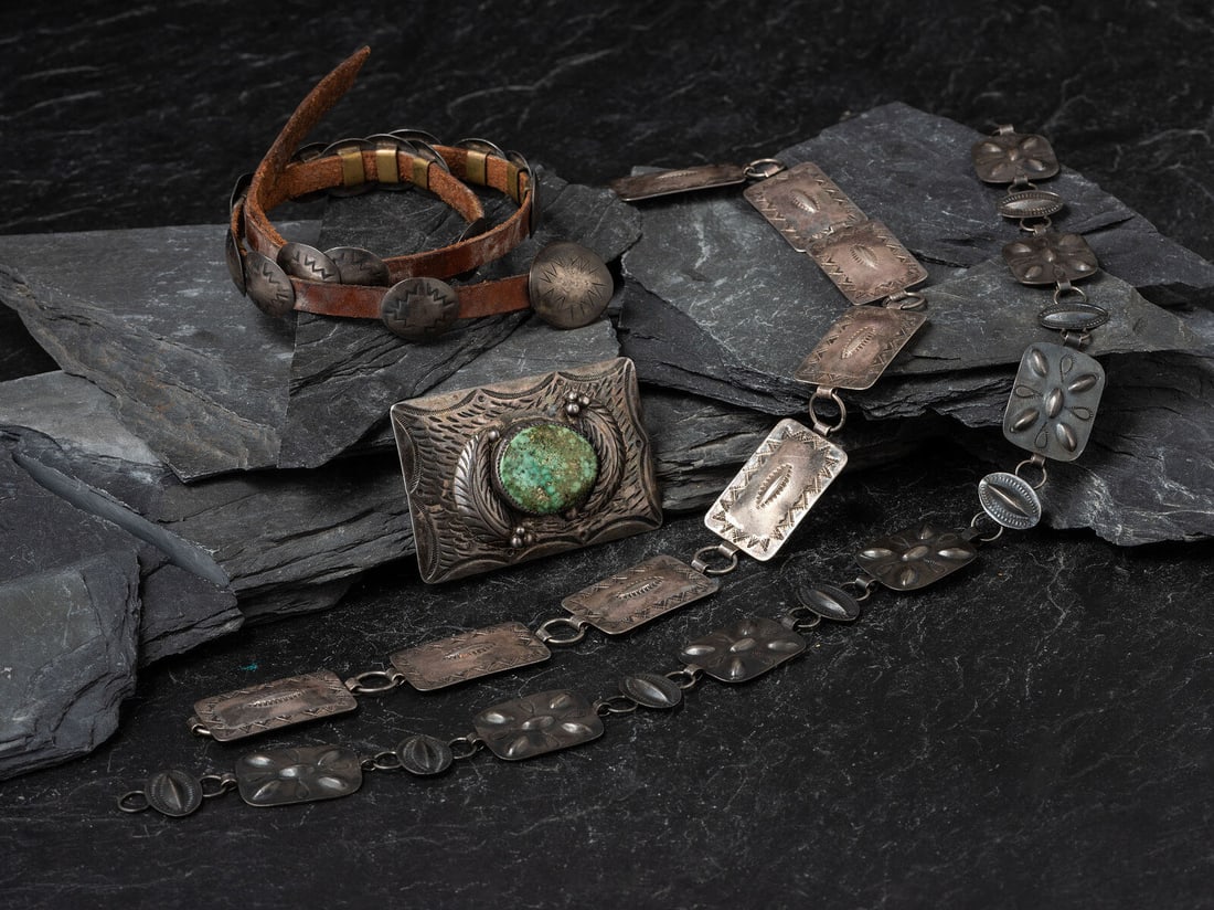 Navajo Silver Link Concha Belts and Belt Buckle, PLUS: Navajo Silver Link Concha Belts and Belt Buckle, PLUS mid - third quarter 20th century lot of 3, includes: two unmarked link belts length 28-1/2 inches x width 1 inch, weight 58.8 dwt. 29-1/4 inches x