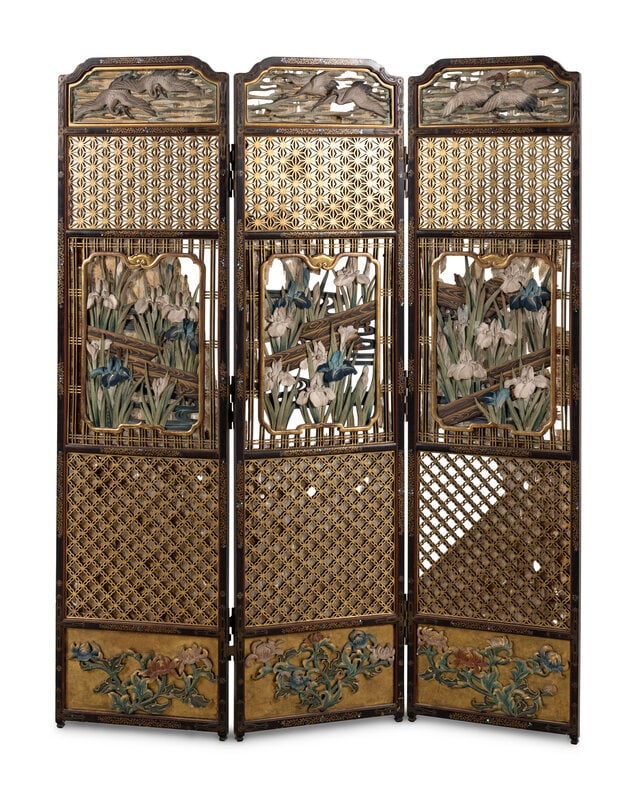 A Carved, Painted and Mother-of-Pearl Inlaid "Japonisme" Three-Panel Floor Screen (1 of 4)