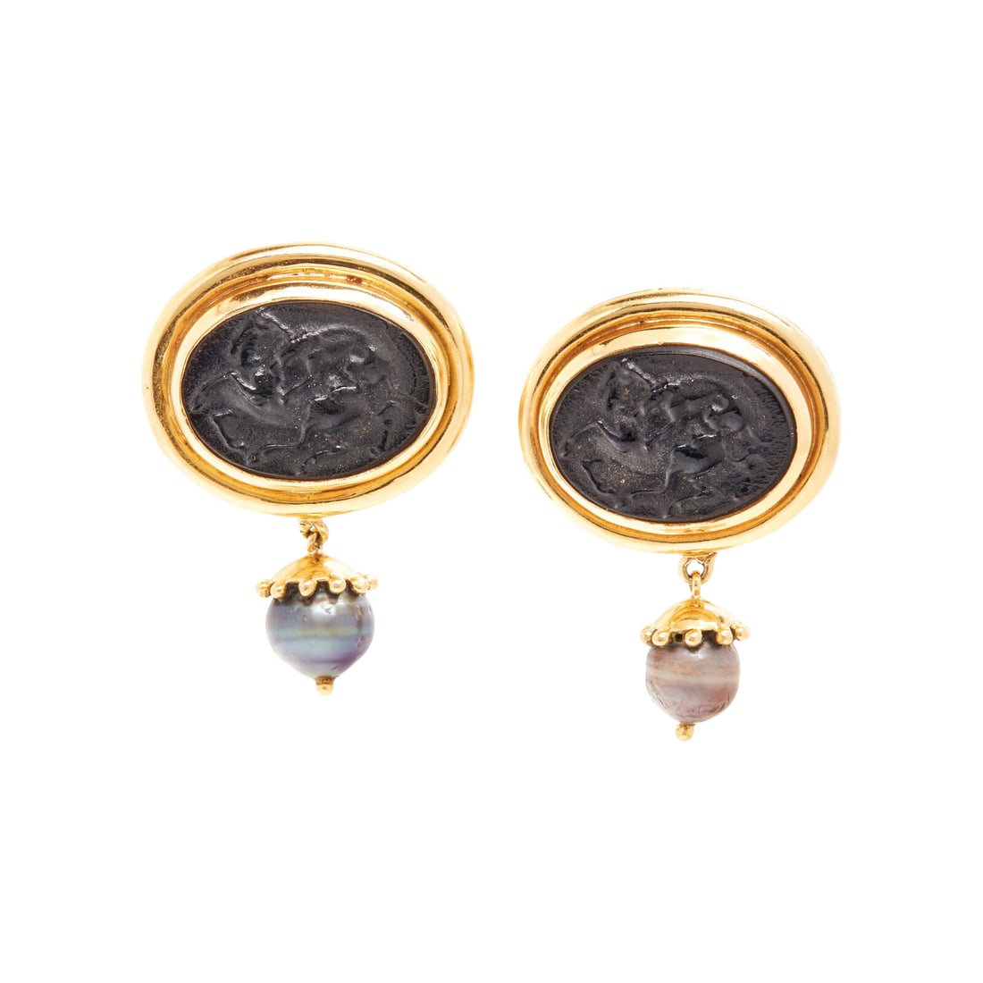 ELIZABETH LOCKE, BLACK GLASS CAMEO AND CULTURED PEARL CLIP EARRINGS (1 of 2)