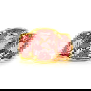 VERDURA, YELLOW GOLD AND PINK TOURMALINE RING: VERDURA, YELLOW GOLD AND PINK TOURMALINE RING Cushion cut pink tourmaline measuring approximately 10.00 x 8.10 x 5.35 mm and oval cut pink tourmalines measuring approximately 7.00 x 5.00 mm. 18 karat
