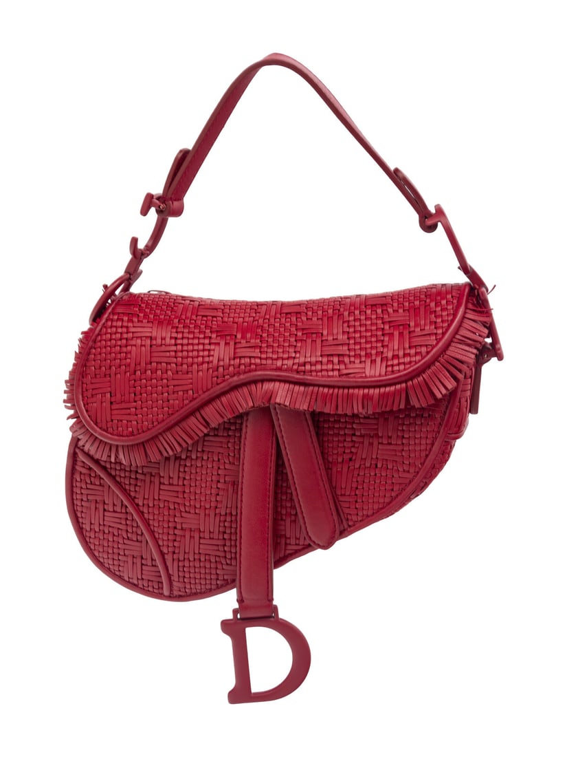 CHRISTIAN DIOR WOVEN LEATHER MINI SADDLE BAG: CHRISTIAN DIOR WOVEN LEATHER MINI SADDLE BAG Mini Dior Saddle Bag in Raffia-Weave Crimson Calfskin with Tonal Matte Hardware. Label: Christian Dior Code: 09-MA-1109 Date: 2019 Country of Origin: Italy