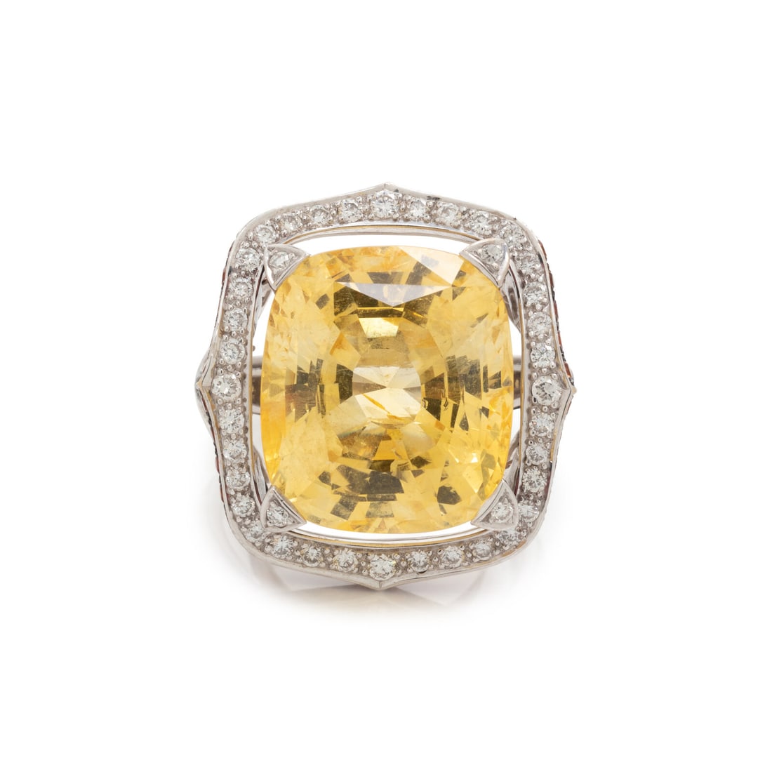 STEPHEN WEBSTER, YELLOW SAPPHIRE, ORANGE SAPPHIRE, AND DIAMOND RING: STEPHEN WEBSTER, YELLOW SAPPHIRE, ORANGE SAPPHIRE, AND DIAMOND RING Cushion mixed cut yellow sapphire measuring approximately 16.70 x 14.60 x 9.20 mm, with yellow and orange round faceted sapphires, a
