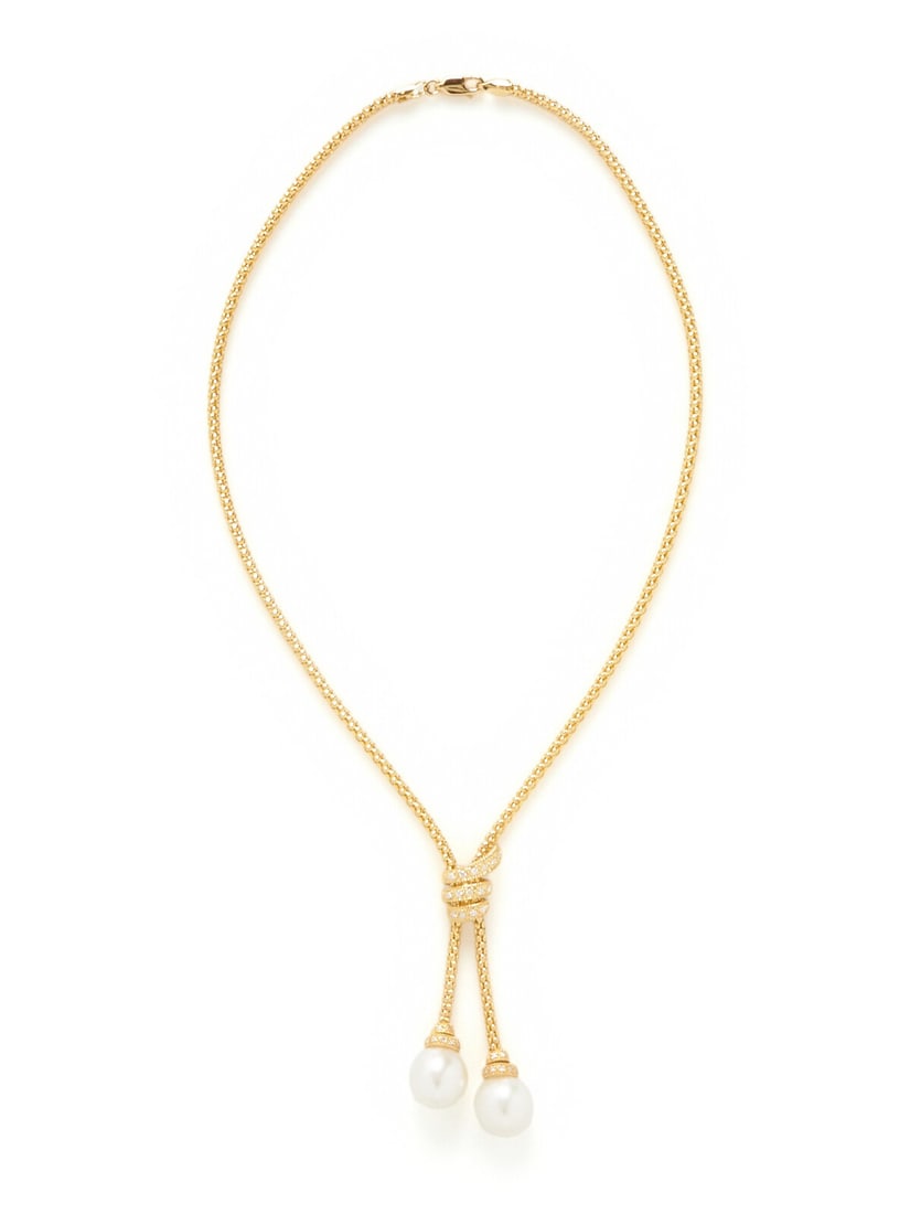 YELLOW GOLD, PEARL, AND DIAMOND LARIAT NECKLACE (1 of 2)