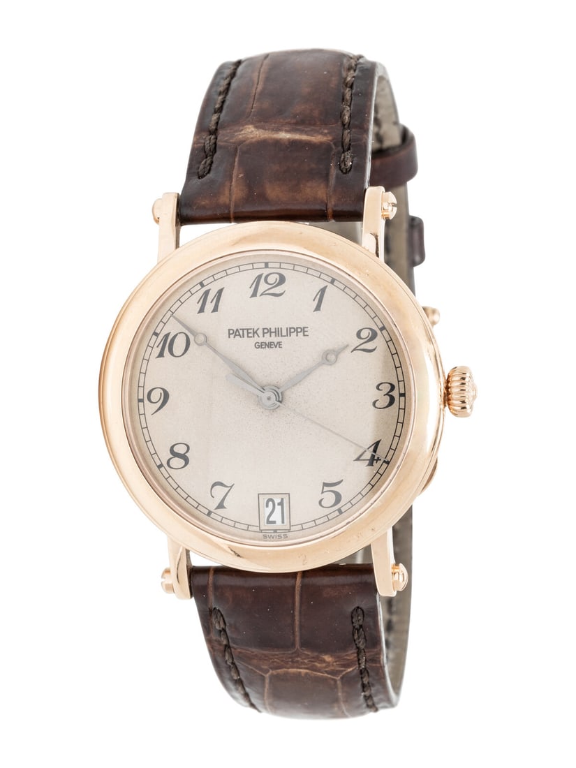 PATEK PHILIPPE, REF. 5053 18K YELLOW GOLD 'CALATRAVA' DATE WATCH WITH OFFICER'S CASEBACK: PATEK PHILIPPE, REF. 5053 18K YELLOW GOLD 'CALATRAVA' DATE WATCH WITH OFFICER'S CASEBACK Maker: Patek Philippe Model: Calatrava Reference number: 5053 Serial number: 4164390 Year: Circa 2000's Case si
