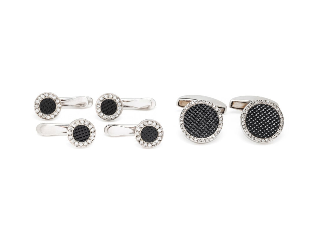 DEAKIN & FRANCIS, WHITE GOLD, TEXTURED BLACK GLASS AND DIAMOND DRESS SET (1 of 2)