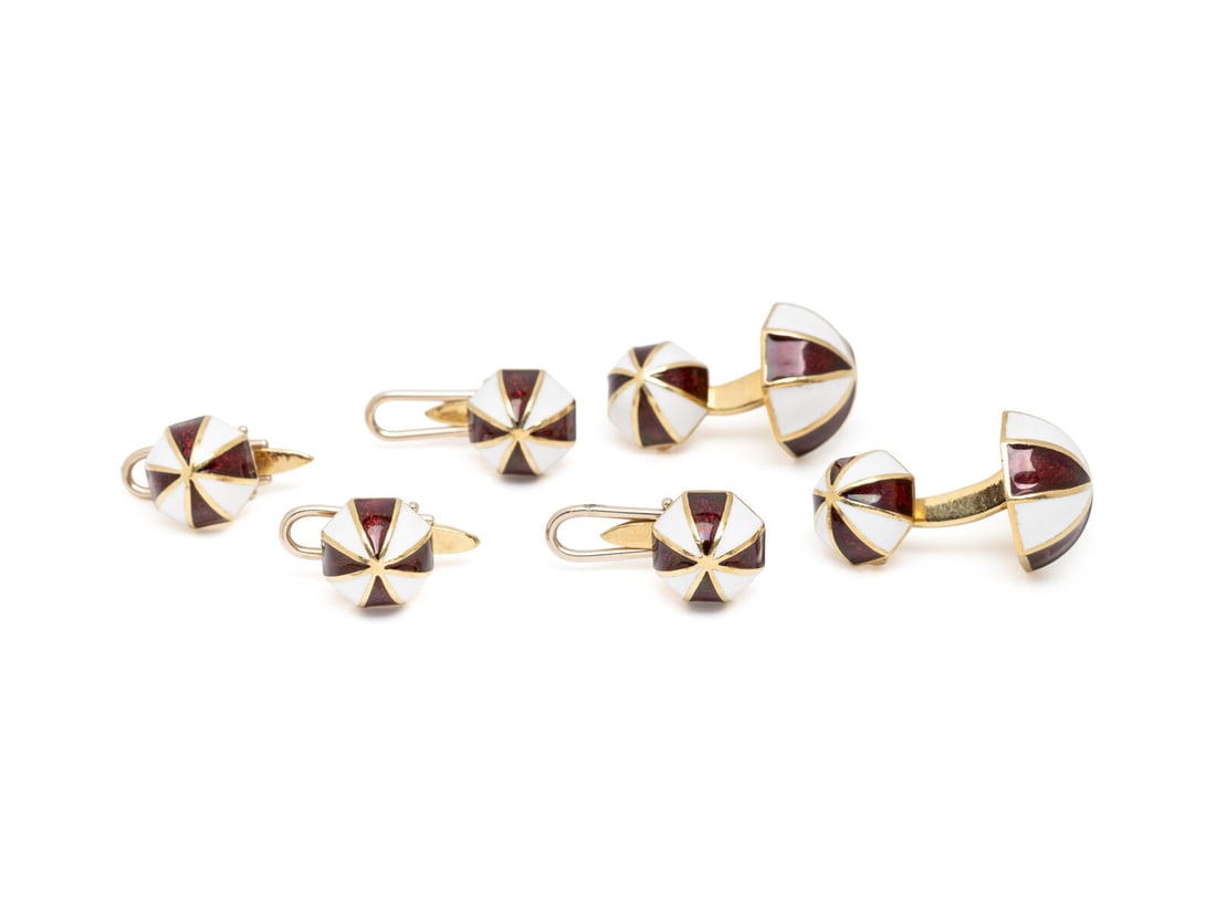 DAVID WEBB, RED AND WHITE ENAMEL UMBRELLA DRESS SET (1 of 2)