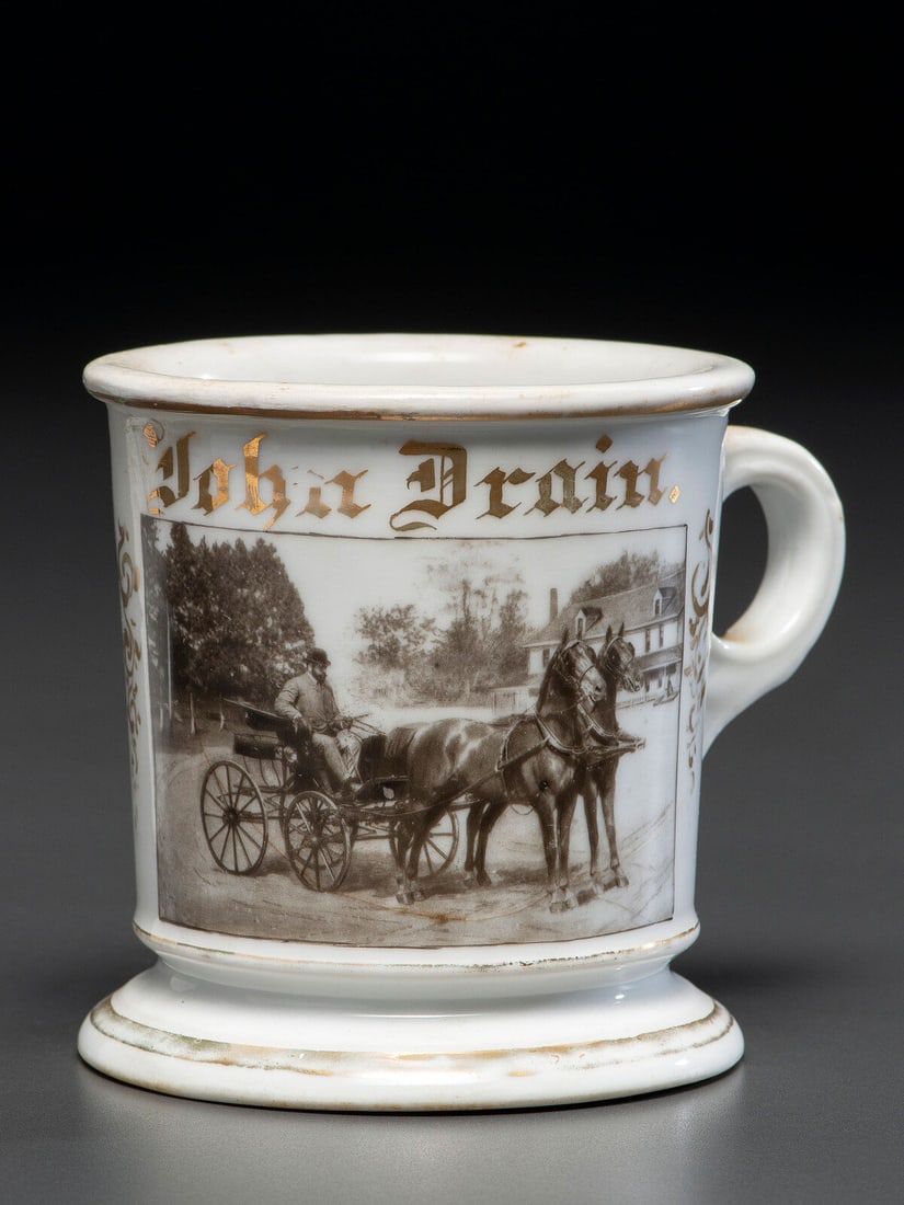 A Photographic Transfer Porcelain Shaving Mug Depicting a Man Driving a Horse and Buggy (1 of 4)