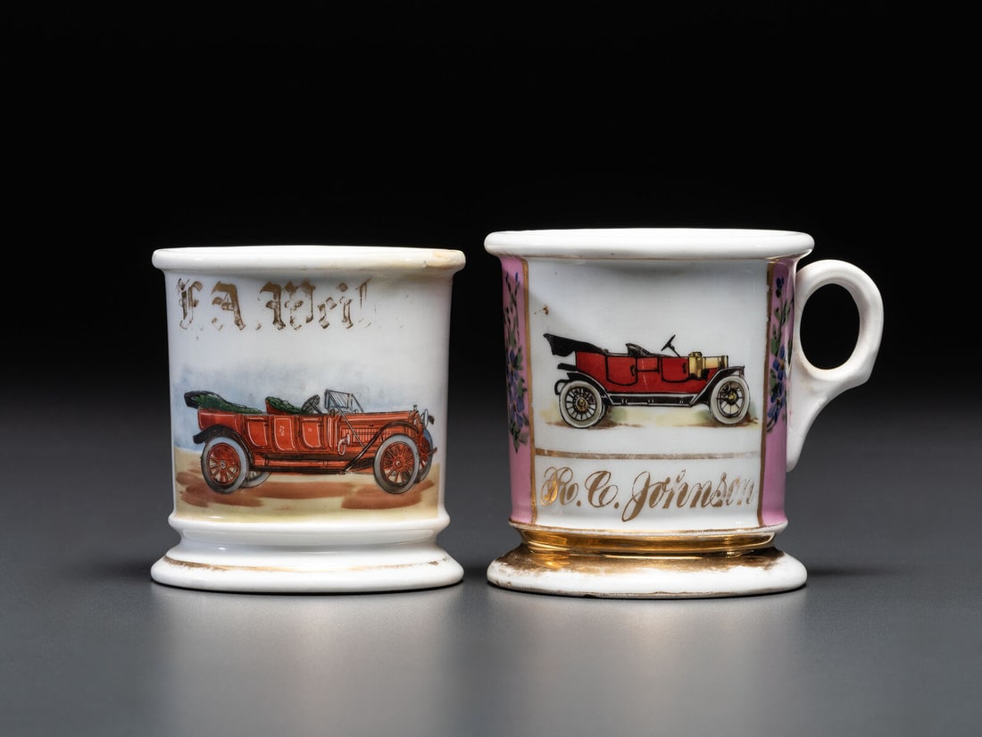 Two Porcelain Shaving Mugs Depicting Open Touring Cars (1 of 4)