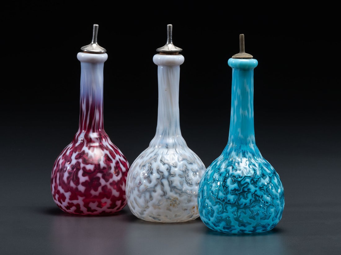 Three Coral Opalescent Glass Barber Bottles (1 of 3)