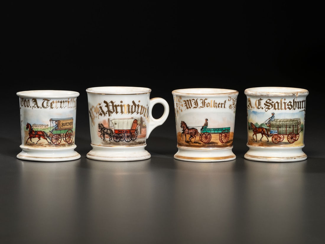 Four Porcelain Occupational Shaving Mugs Depicting Horse-Drawn Wagons (1 of 3)