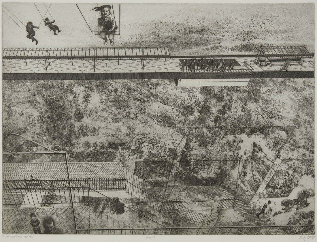 Peter Milton(American, b. 1930)Pastorale , 1969: Peter Milton (American, b. 1930) Pastorale, 1969 liftground etching and engraving on BFK Rives pencil signed, titled, dated and annotated 100/100 'Second State: Free Fall,' with full margins image: 17