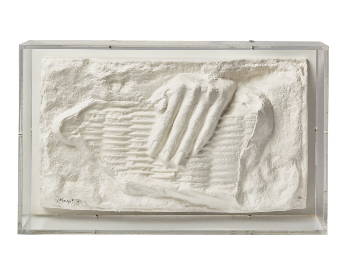 George Segal(American, 1924-2000)Hand on Chair Back, 1979: George Segal (American, 1924-2000) Hand on Chair Back, 1979 cast paper presented in a Plexiglas box pencil signed, titled and numbered 10/14 8 x 14 1/4 in. (20.3 x 36.1 cm) Provenance: Dr. Julian Katz