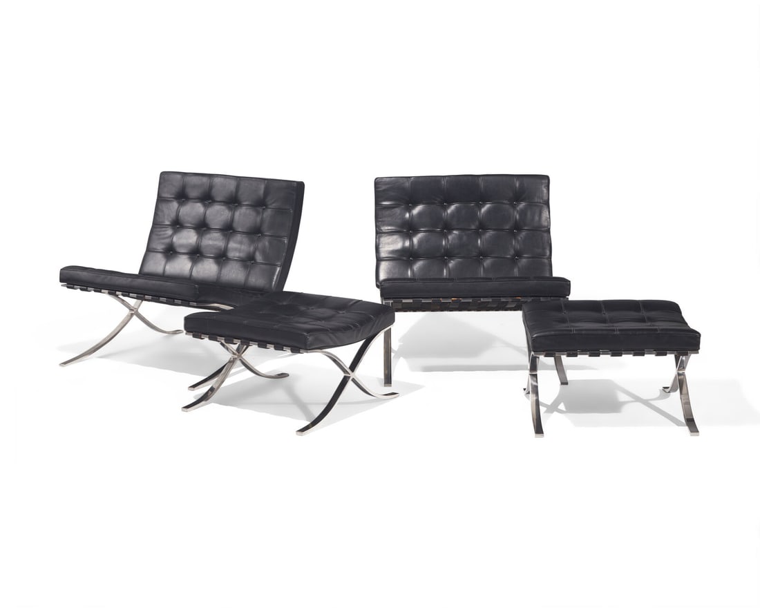 Ludwig Mies van der Rohe (German-American, 1886-1969) Pair of Barcelona Chairs and Ottomans Knoll,: Ludwig Mies van der Rohe (German-American, 1886-1969) Pair of Barcelona Chairs and Ottomans Knoll, USA stainless steel, leather no knoll labels, Lawsonia sticker 30 h × 30 w × 29 ½ d in